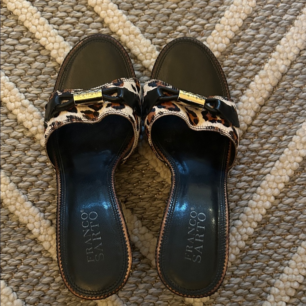 Franco Sarto Black and Leopard Mules